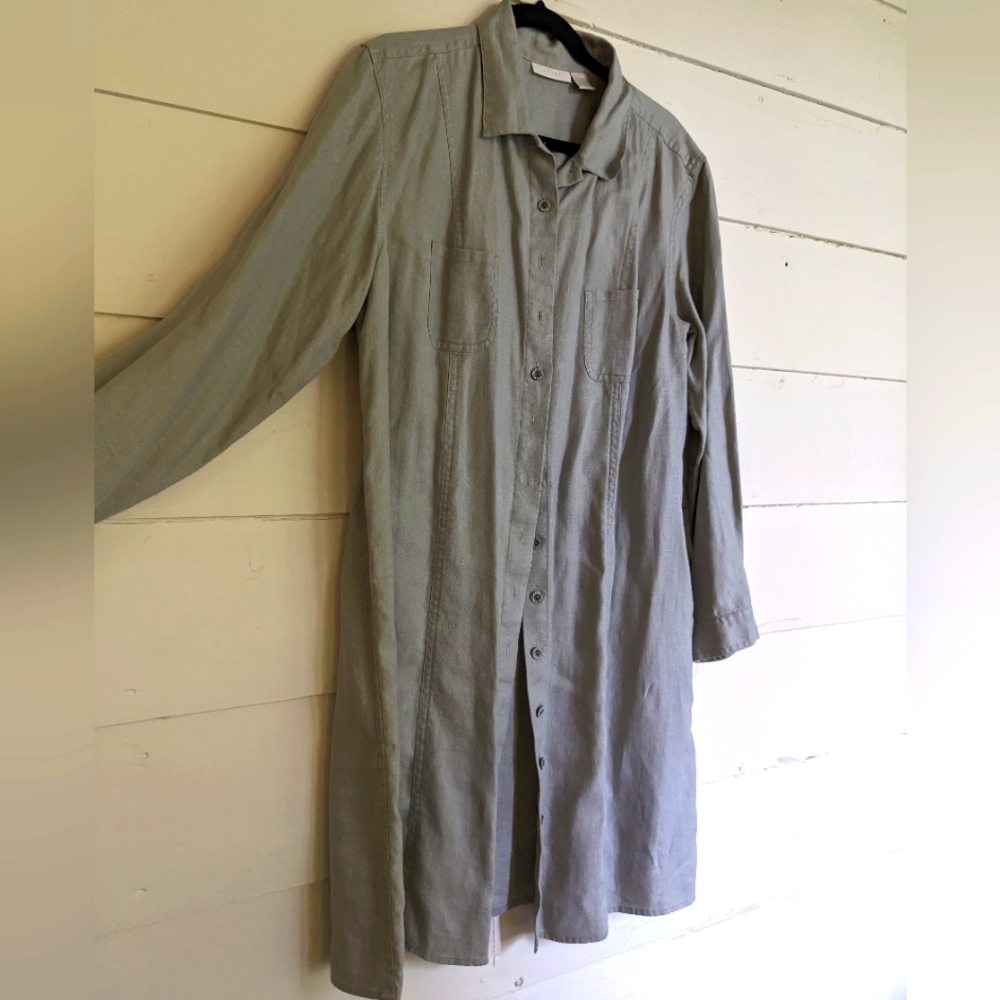 J. Jill Large Linen Button Down Shirt Dress- Pale Taupe